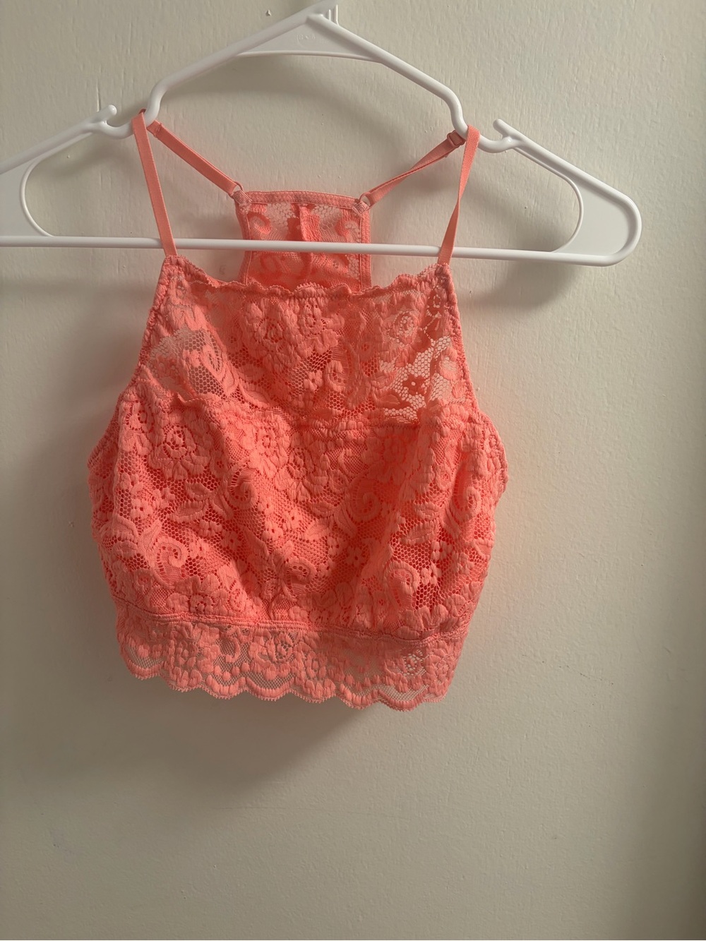 Mae Coral Pink Floral Lace High Neck Racerback Bralette Size L